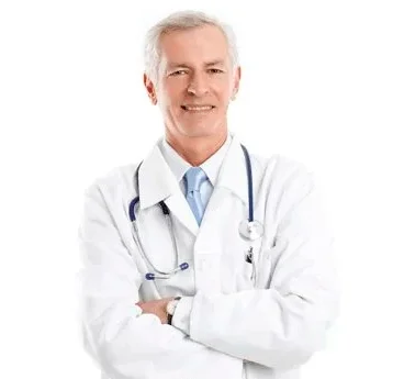 Man in white medical coat with stethoscope standing with arms crossed